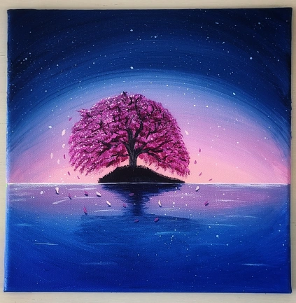 Spring Sunset with Cherry Tree on an Island