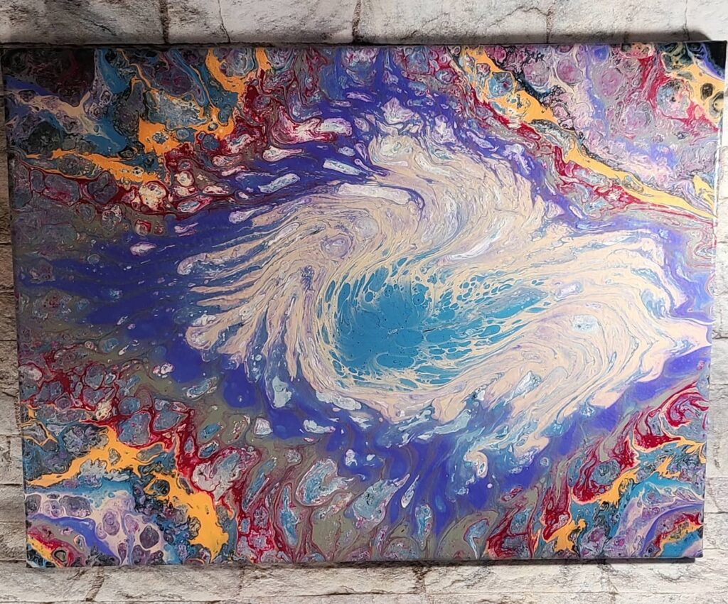 Grey, blue, burgundy, and white fluid painting.