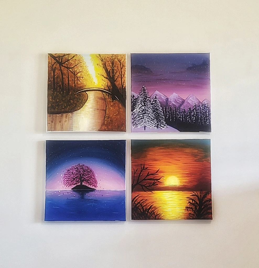 All Four sunset paintings grouped on my wall